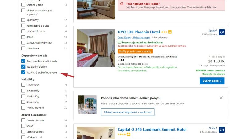 U Bookingu je dobré zaškrtnout při filtrování ubytování Bezplatné zrušení rezervace