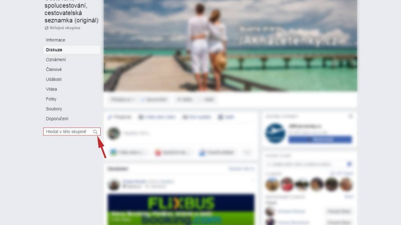 Ukázka vyhledávání ve Facebook skupině